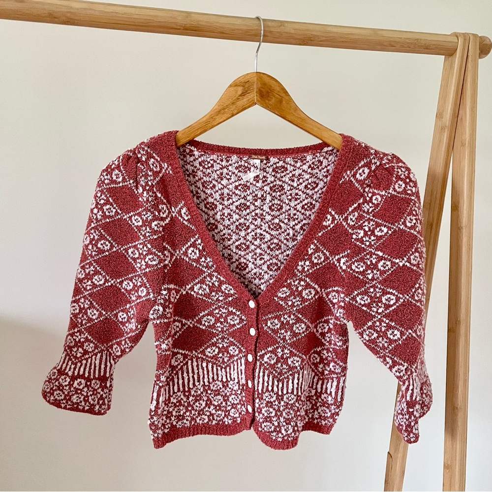 Free People Geo Floral Cropped Cardigan in Terracotta - XS